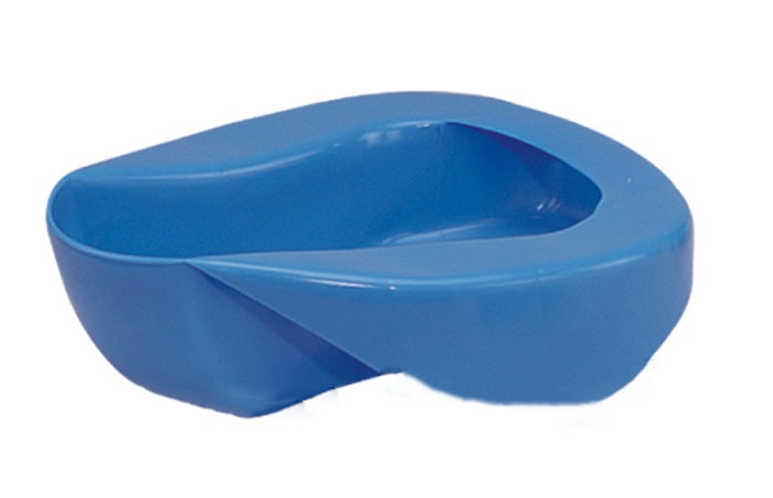 Blue plastic commode seat on a white background