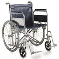Heavy-duty wheelchair equipped with detachable armrests and footrests.