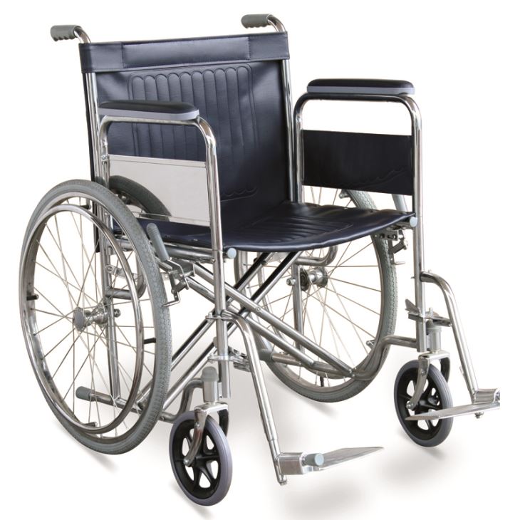 Heavy-duty wheelchair equipped with detachable armrests and footrests.